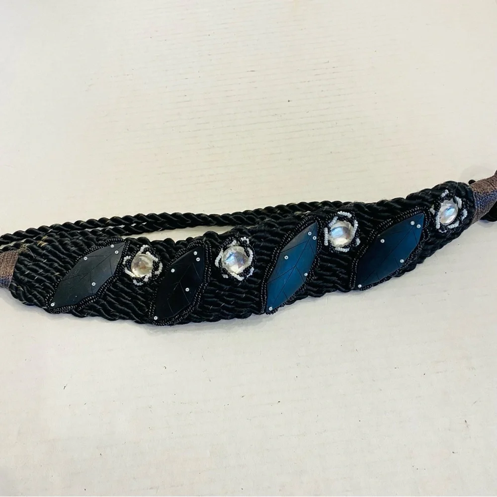 Vintage 80s Artsy Wood Beaded and Carved Shell Cummerbund Rope Belt Retro Boho